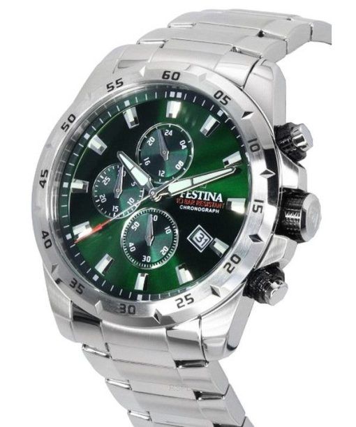 Festina Sports Chorongraph Stainless Steel Green Dial Quartz 20463-3 100M Men's Watch