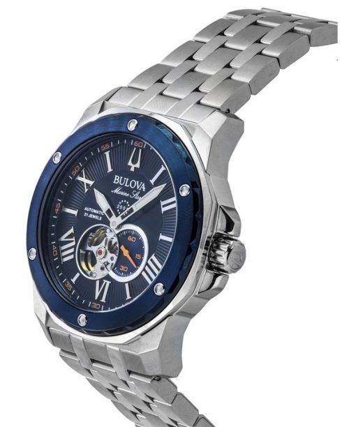 Bulova Marine Star Stainless Steel Open Heart Blue Dial Automatic 21 Jewels 98A302 200M Mens Watch