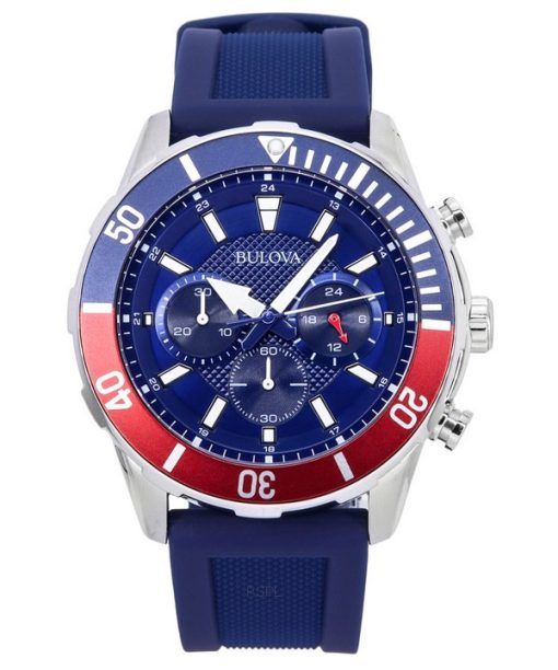 Bulova Sports Chronograph Silicone Strap Blue Dial Quartz 98K111 100M Mens Watch With Gift Set