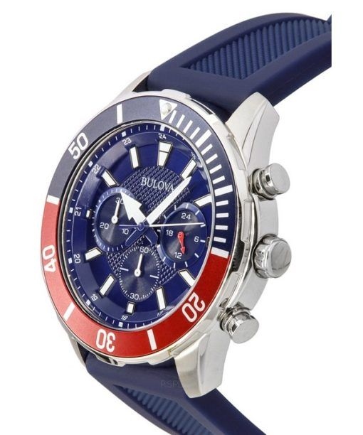 Bulova Sports Chronograph Silicone Strap Blue Dial Quartz 98K111 100M Mens Watch With Gift Set