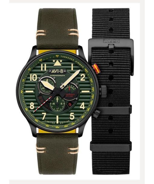 AVI-8 Flyboy Spirit Of Tuskegee Chronograph Limited Edition Roberts Green Dial Quartz AV-4109-04 Mens Watch With Extra Strap