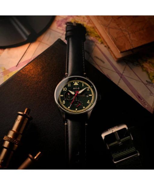 AVI-8 Hawker Hurricane Mckellar Dual Time Gothic Green Dial Quartz AV-4101-0A Mens Watch With Extra Strap