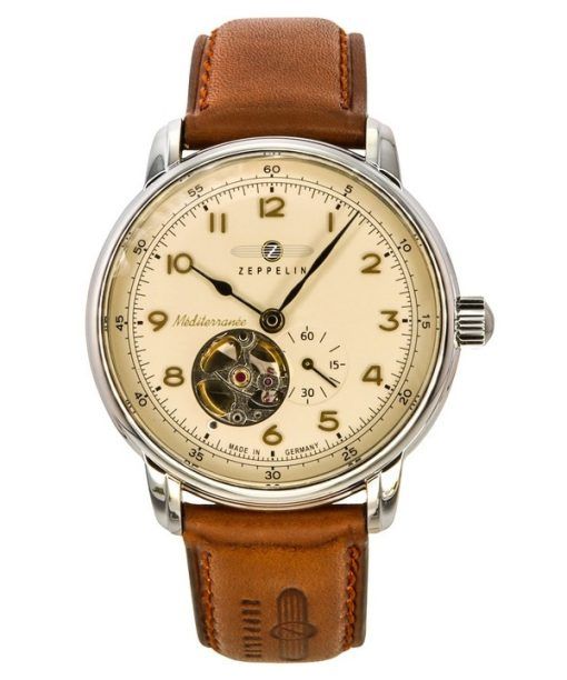 Zeppelin Watches Mediterranee Leather Strap Open Heart Beige Dial Automatic 96665 Men's Watch