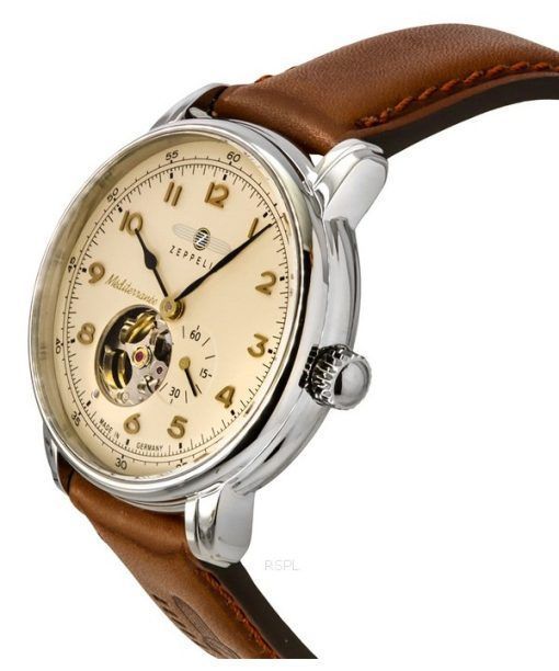 Zeppelin Watches Mediterranee Leather Strap Open Heart Beige Dial Automatic 96665 Men's Watch