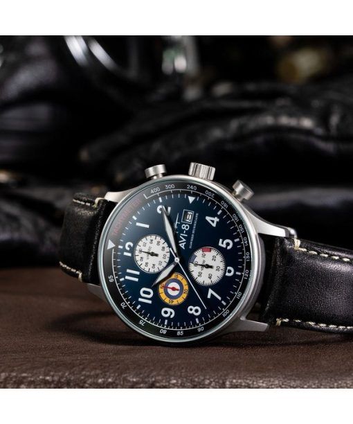 AVI-8 Hawker Hurricane Classic Chronograph Midnight Black Leather Strap Blue Dial Quartz AV-4011-0I Men's Watch