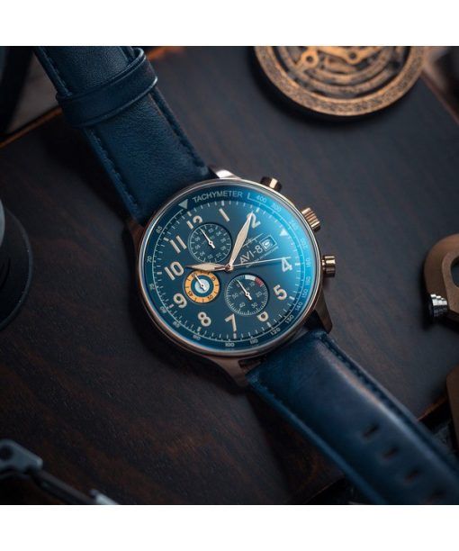 AVI-8 Hawker Hurricane Classic Chronograph Regent Blue Leather Strap Blue Dial Quartz AV-4011-0Q Men's Watch