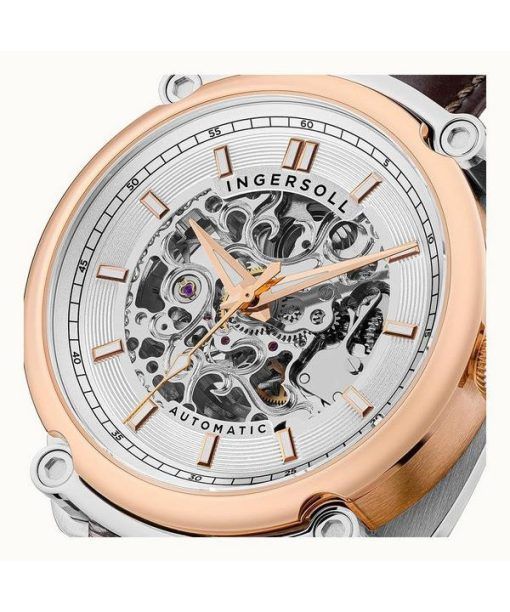 Ingersoll The Michigan Brown Leather Strap White Skeleton Dial Automatic I13302 Men's Watch