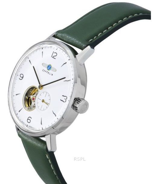 Zeppelin LZ129 Hindenburg Green Leather Strap Open Heart White Dial Automatic 80661N Men's Watch