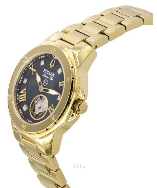 Bulova Marine Star Gold Tone Stainless Steel Black Mother Of Pearl Dial Automatic 97P171 100M Women's Watch