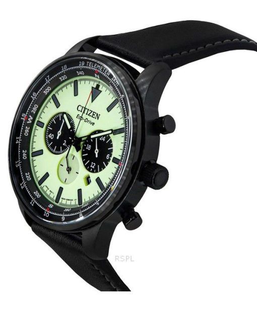 Citizen Eco-Drive Chronograph Leather Strap Full Luminous Green Dial CA4505-21X 100M Men's Watch