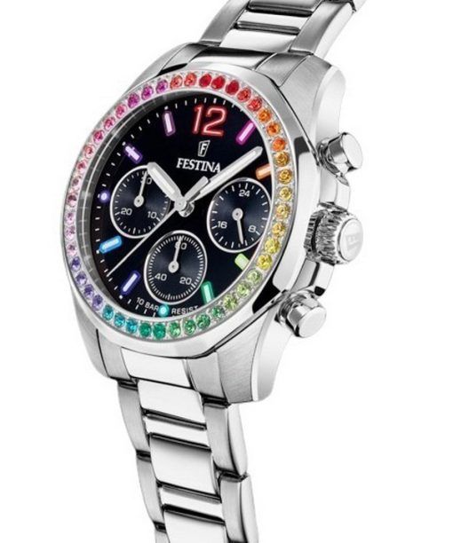 Festina Rainbow Chronograph Crystal Accents Stainless Steel Black Dial Quartz F20606-3 100M Women's Watch