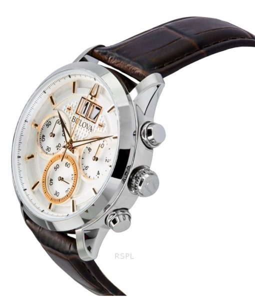 Bulova Sutton Big Date Chronograph Brown Leather Strap Silver Dial Quartz 96B309 Mens Watch