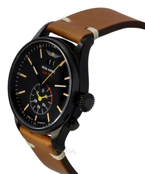 Iron Annie Flight Control Dual Time Leather Strap Black Dial Quartz 51442 Mens Watch