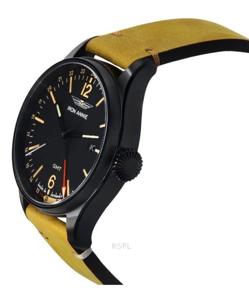 Iron Annie Flight Control Dual Time Leather Strap Black Dial Quartz 51482 Mens Watch