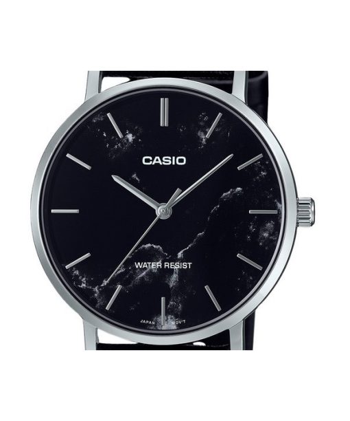 Casio Standard Analog Black Leather Strap Marble Inspired Black Dial Quartz MTP-VT01LM-1A Men's Watch