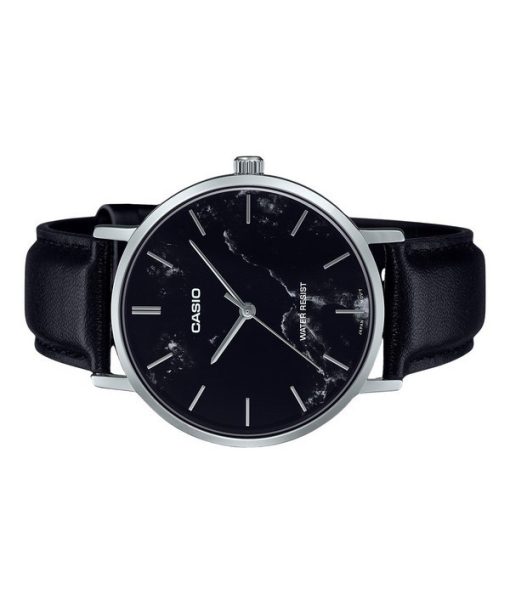 Casio Standard Analog Black Leather Strap Marble Inspired Black Dial Quartz MTP-VT01LM-1A Men's Watch