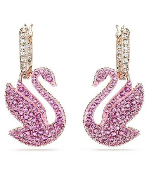 Swarovski Swan Pink Crystals And Rose Gold Tone Plated Drop Earrings 5647544 For Women