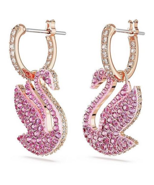 Swarovski Swan Pink Crystals And Rose Gold Tone Plated Drop Earrings 5647544 For Women