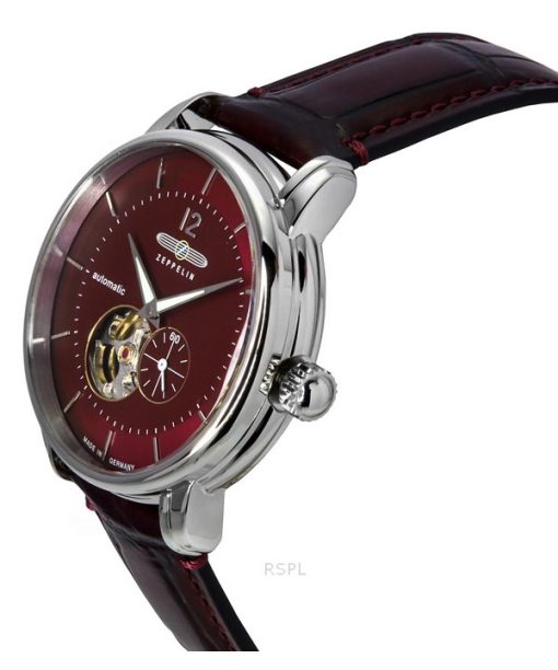 Zeppelin LZ 120 Bodensee Leather Strap Red Open Heart Dial Automatic 81665 Mens Watch