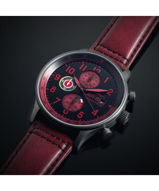 AVI-8 Hawker Hurricane Classic Chronograph Blood Red Leather Strap Black Dial Quartz AV-4011-0S Men's Watch