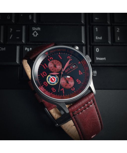 AVI-8 Hawker Hurricane Classic Chronograph Blood Red Leather Strap Black Dial Quartz AV-4011-0S Men's Watch