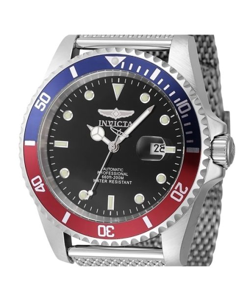 Invicta Pro Diver Stainless Steel Blue And Red Pepsi Bezel Black Dial Automatic Divers 47965 200M Mens Watch