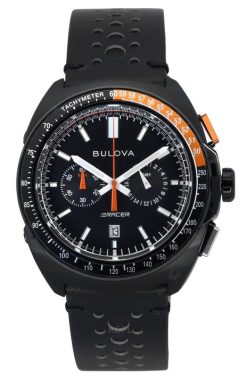 Bulova Racer Chronograph Leather Strap Black Dial Quartz 98B428 100M Mens Watch