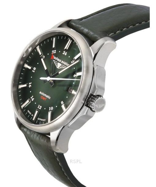 Bauhaus Aviation GMT Green Leather Strap Dark Green Dial Automatic 28684 100M Men's Watch