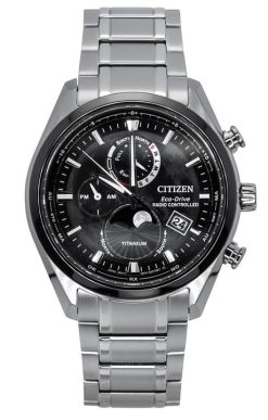 Citizen Tsuki-Yomi Radio Controlled Moon Phase Super Titanium Black Dial Eco-Drive BY1018-80E 100M Mens Watch