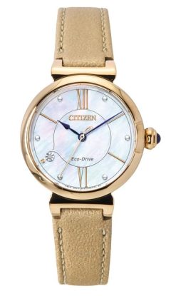 Citizen L Series Diamond Accent Leather Strap White Mother Of Pearl Dial Eco-Drive EM1073-18D Womens Watch