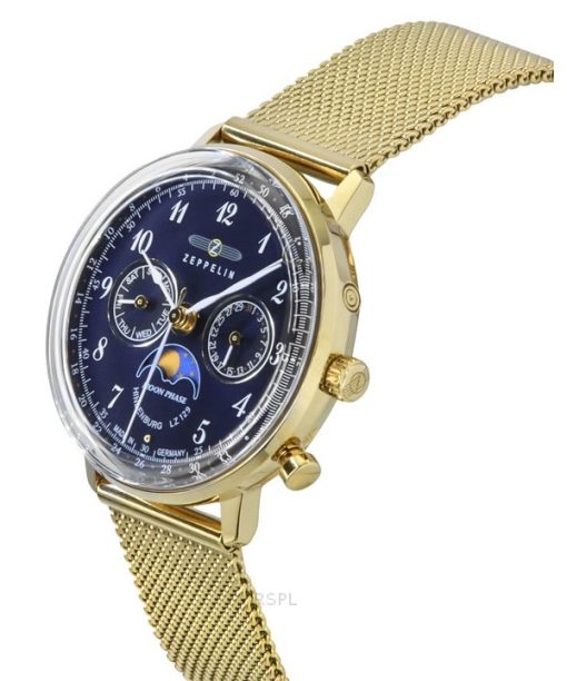 Zeppelin LZ 129 Hindenburg Moon Phase Gold Tone Stainless Steel Blue Dial Quartz 7039M2 Men's Watch