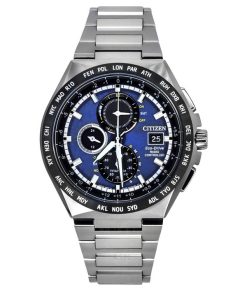 Citizen Eco-Drive Radio Controlled GMT Chronograph Super Titanium Blue Dial AT8238-84L 100M Men's Watch