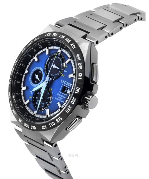 Citizen Eco-Drive Radio Controlled GMT Chronograph Super Titanium Blue Dial AT8238-84L 100M Men's Watch