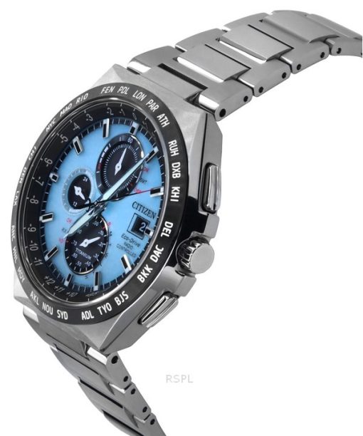 Citizen Eco-Drive Radio Controlled GMT Chronograph Super Titanium Light Blue Dial AT8238-84M 100M Men's Watch