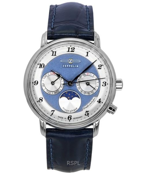 Zeppelin Friedrichshafen Moon Phase Leather Strap Blue Dial Quartz 85373 Women's Watch