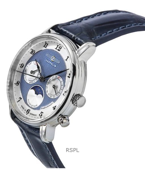 Zeppelin Friedrichshafen Moon Phase Leather Strap Blue Dial Quartz 85373 Women's Watch