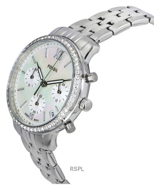 Fossil Neutra Chronograph Crystal Accents Stainless Steel White Mother Of Pearl Dial Quartz ES5357 Women's Watch