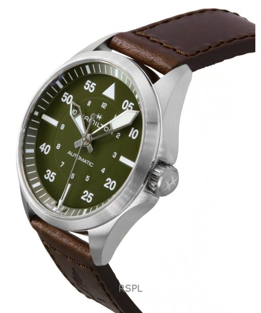 Hamilton Khaki Aviation Pilot Leather Strap Green Dial Automatic H76305560 100M Men's Watch